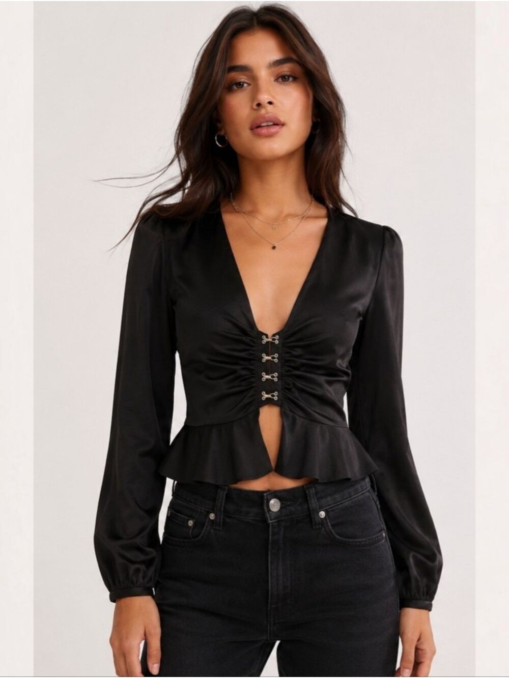 Forever 21 Black Satin Peplum Hook Front Blouse Size Small